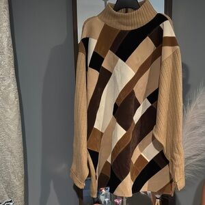 Brown and‎ Black Cowl Neck Sweater with Geometric Design